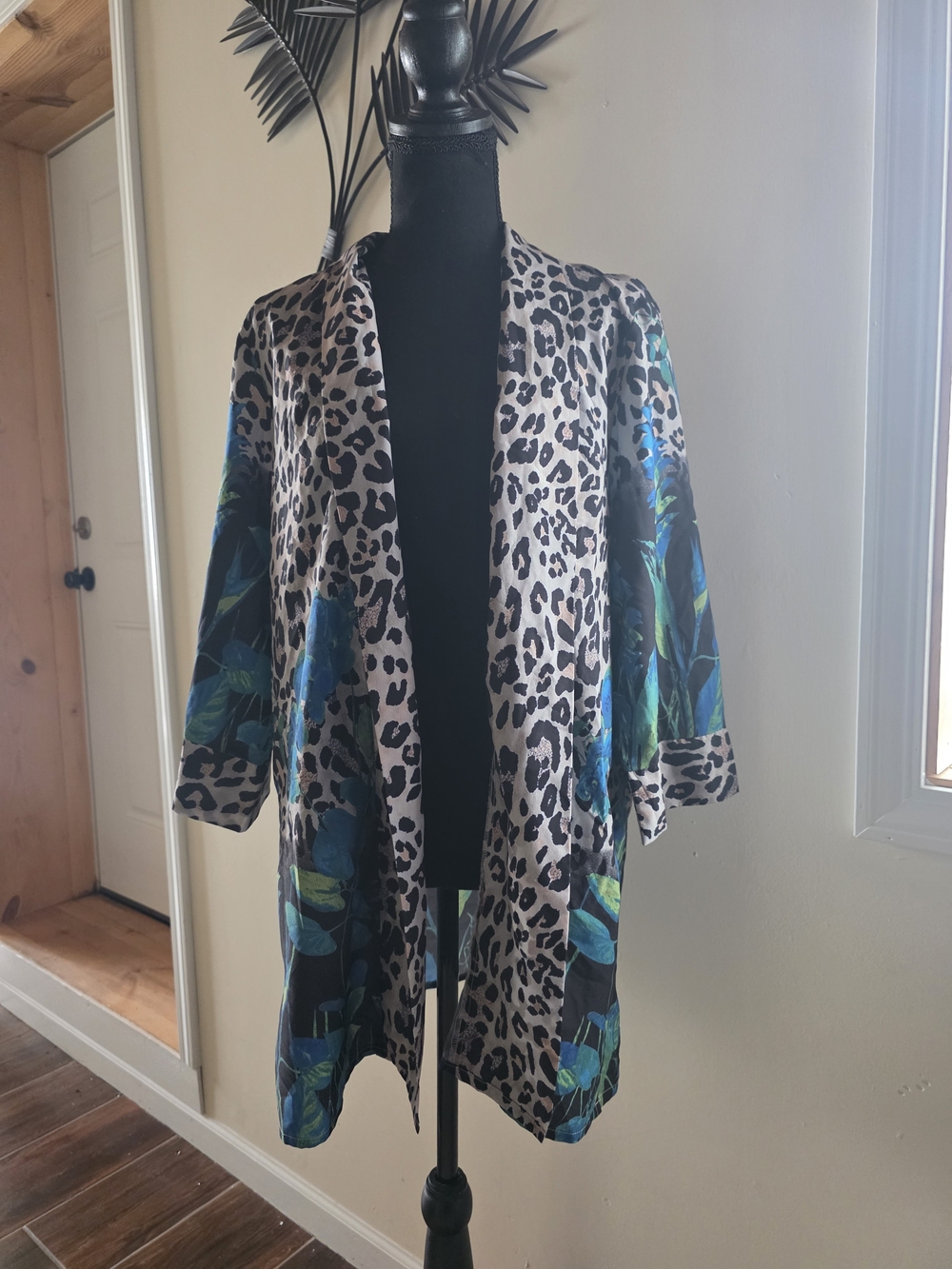 Serengeti Leopard & Tropical Print Open Front Kimono (Size L)